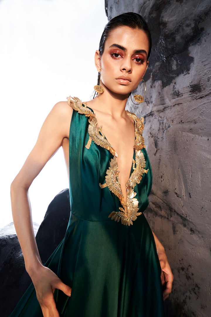 Cosmos 3D Hand-Embroidered Gown in Green