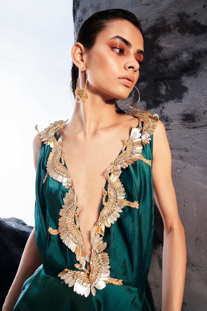 Cosmos 3D Hand-Embroidered Gown in Green