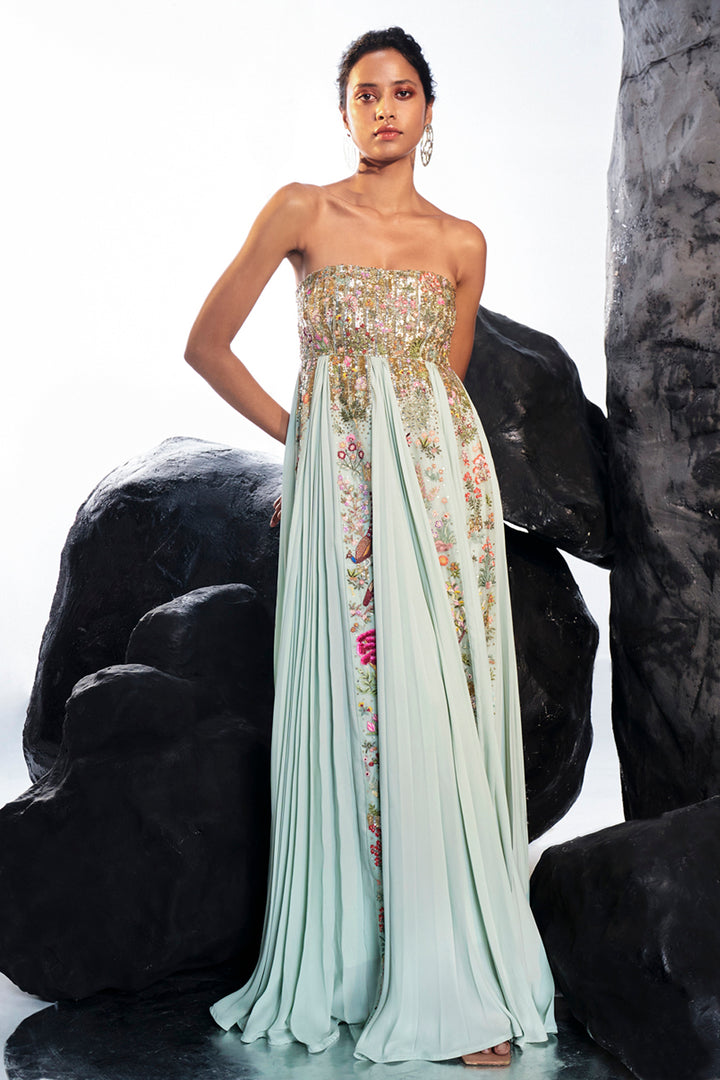 Navbhumi Hand-Embroidered Pleated Dress in Mint