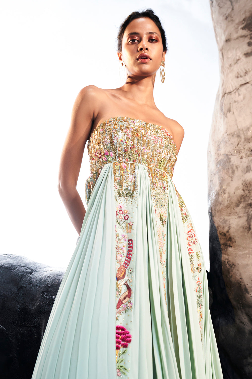 Navbhumi Hand-Embroidered Pleated Dress in Mint