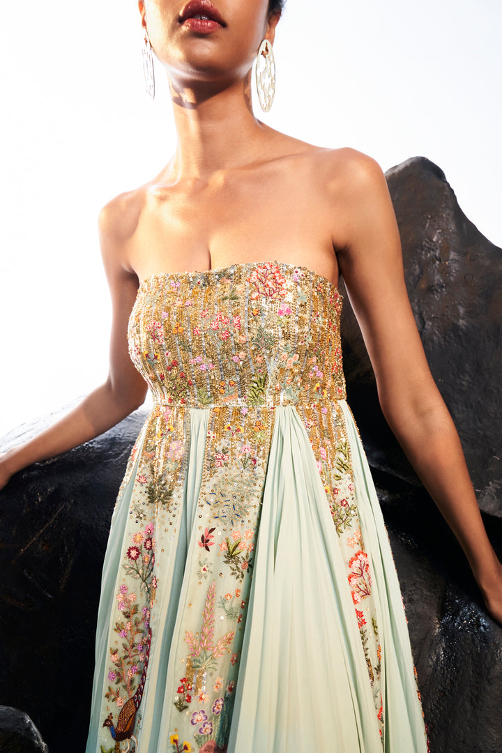 Navbhumi Hand-Embroidered Pleated Dress in Mint