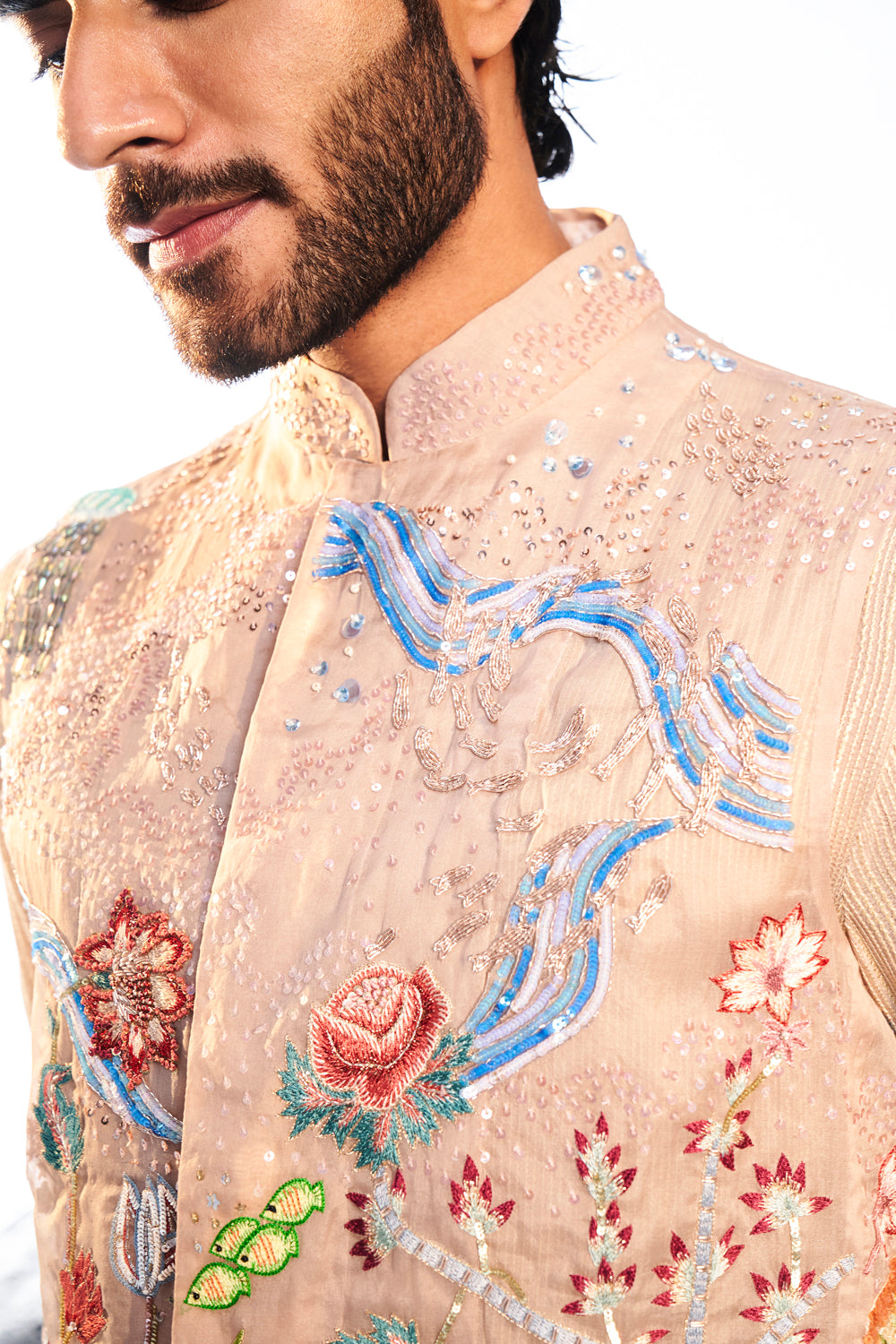 Cosmos Hand-Sequinned Bandi in Beige Grey and Multi