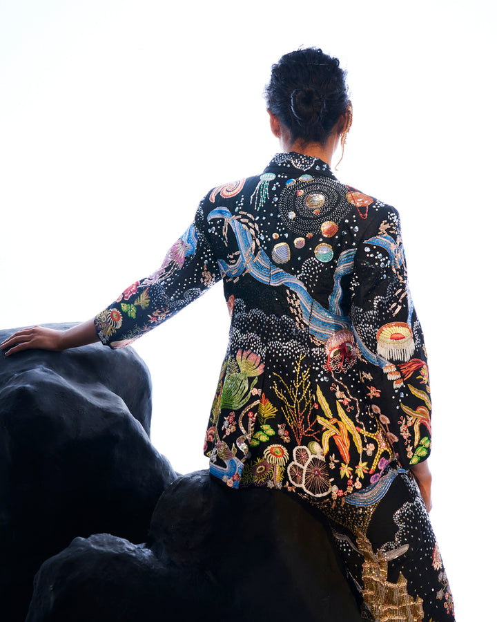 Cosmos Hand-Embroidered Jacket with Trousers in Black