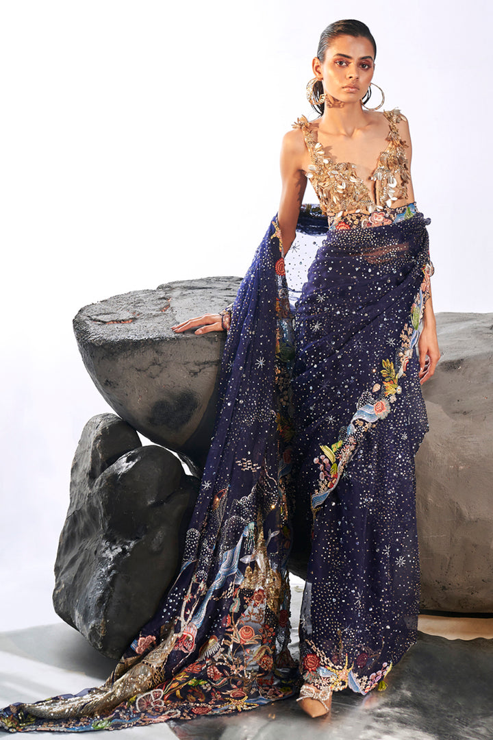 Cosmos Hand-Embroidered Saree with Verdure 3D Hand-Embroidered Blouse in Navy, Nude and Gold