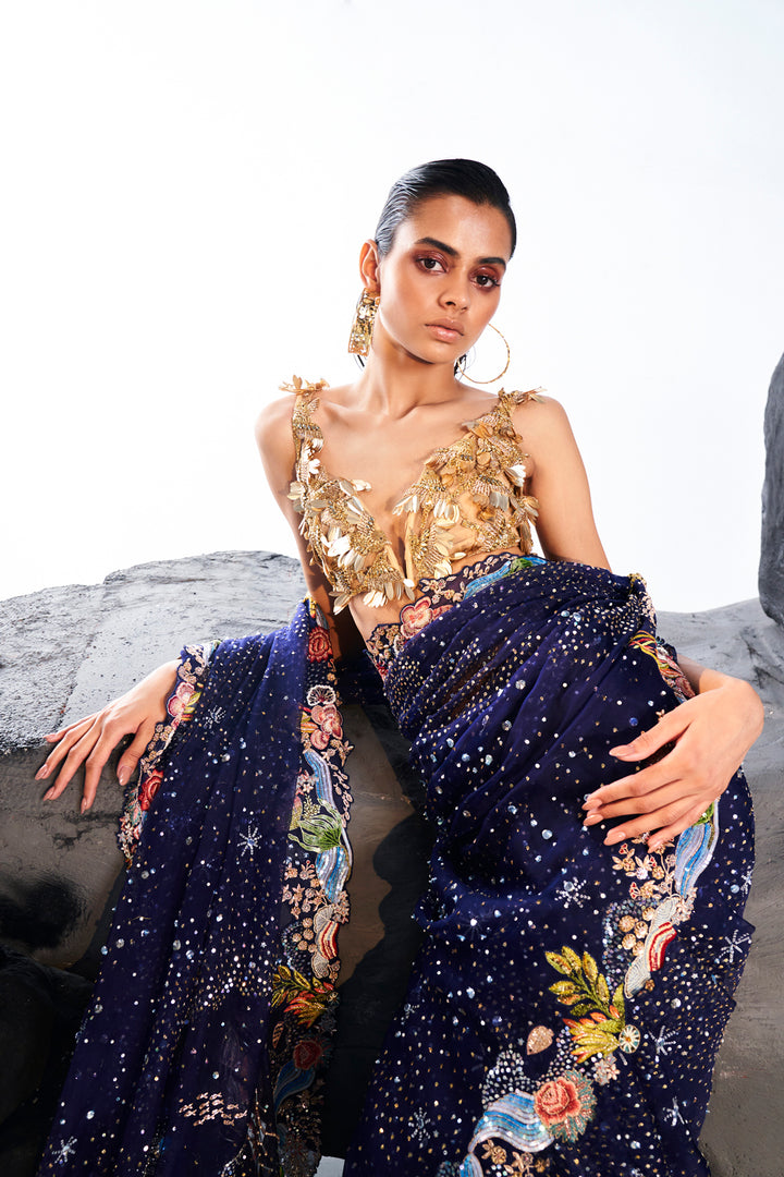Cosmos Hand-Embroidered Saree with Verdure 3D Hand-Embroidered Blouse in Navy, Nude and Gold