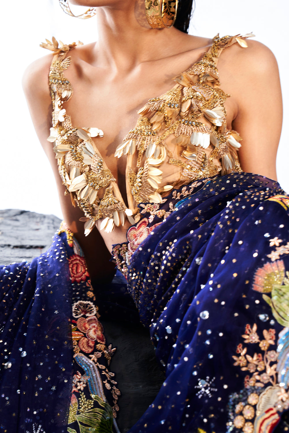 Cosmos Hand-Embroidered Saree with Verdure 3D Hand-Embroidered Blouse in Navy, Nude and Gold