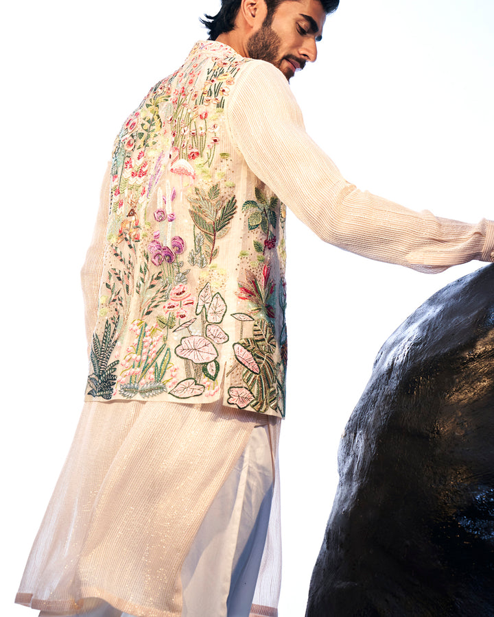 Verdure Hand-Sequinned Bandi in White and Multi