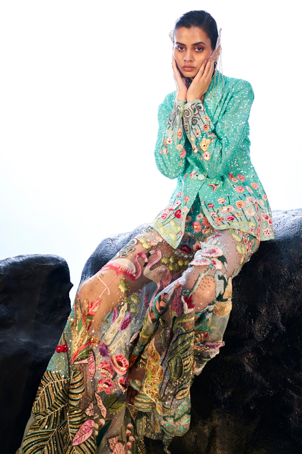 Verdure Hand-Sequinned Jacket with Trousers in Mint and Multi