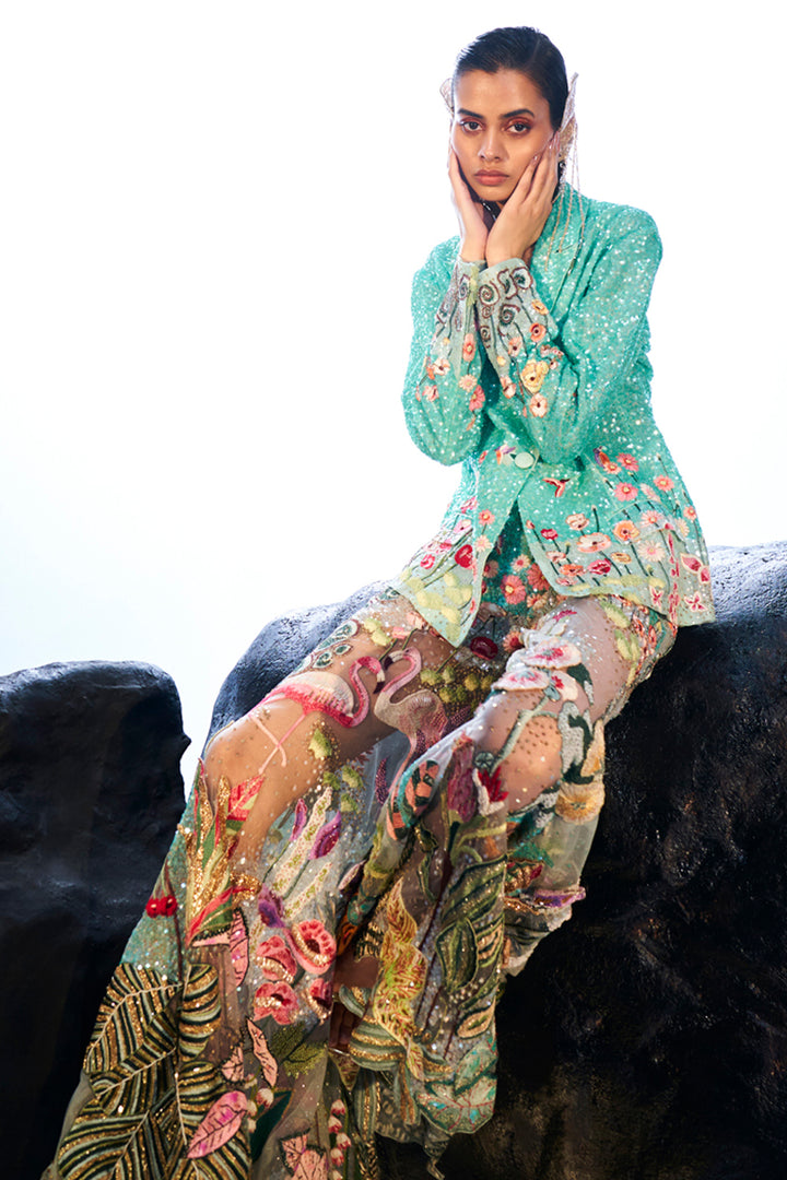Verdure Hand-Sequinned Jacket with Trousers in Mint and Multi