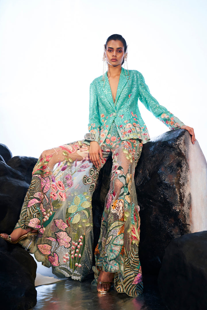 Verdure Hand-Sequinned Jacket with Trousers in Mint and Multi