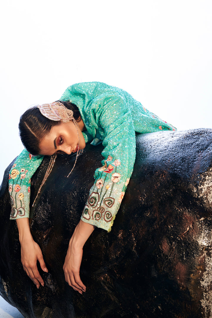 Verdure Hand-Sequinned Jacket with Trousers in Mint and Multi