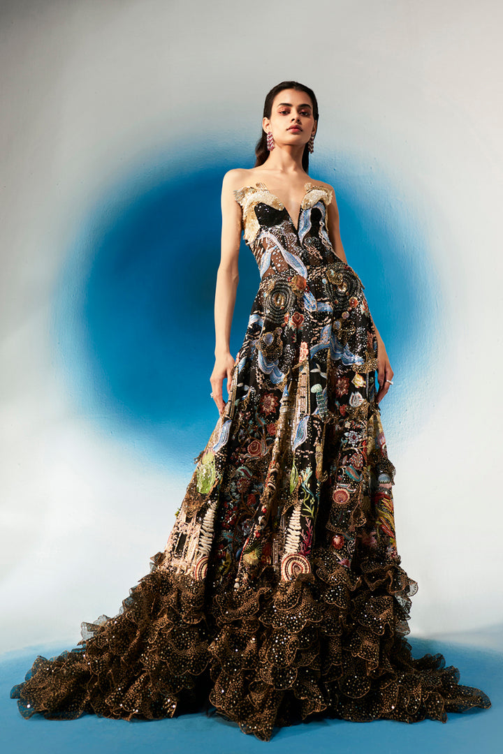 Cosmos 3D Hand-Embroidered Gown in Black and Multi