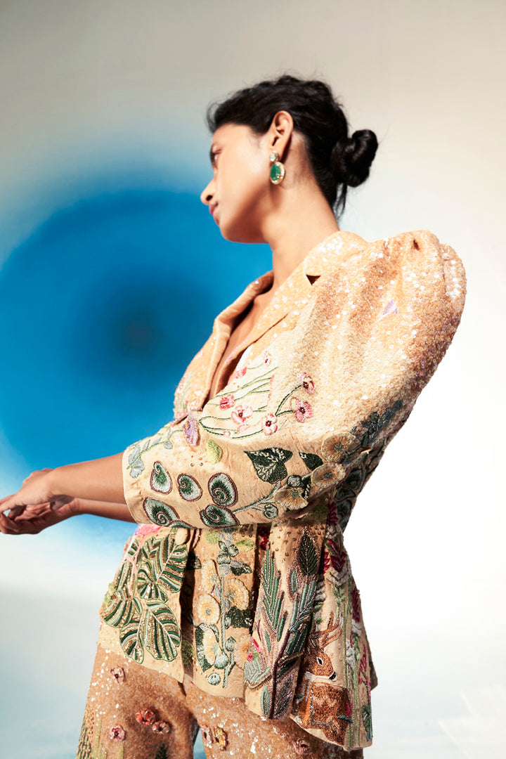 Verdure Hand-Sequinned Jacket with Trousers in Nude