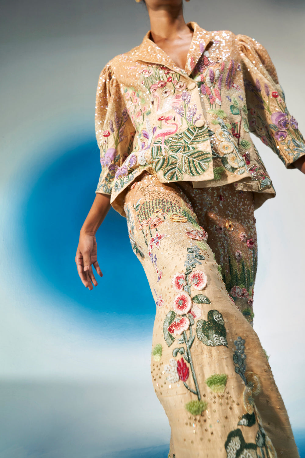 Verdure Hand-Sequinned Jacket with Trousers in Nude