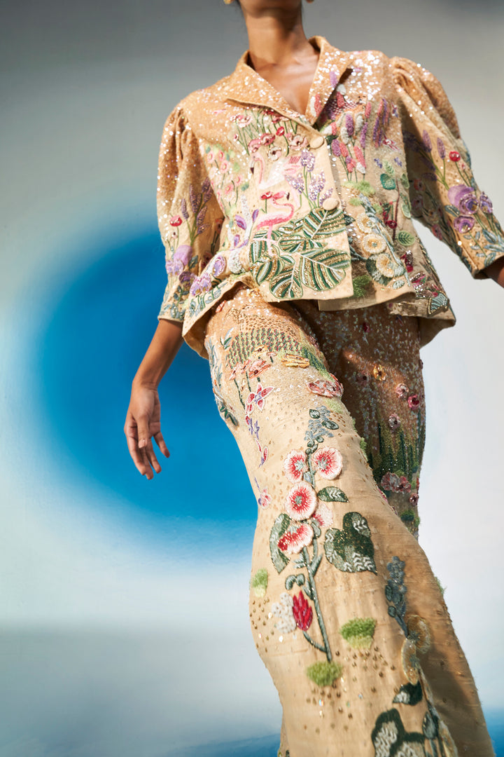 Verdure Hand-Sequinned Jacket with Trousers in Nude