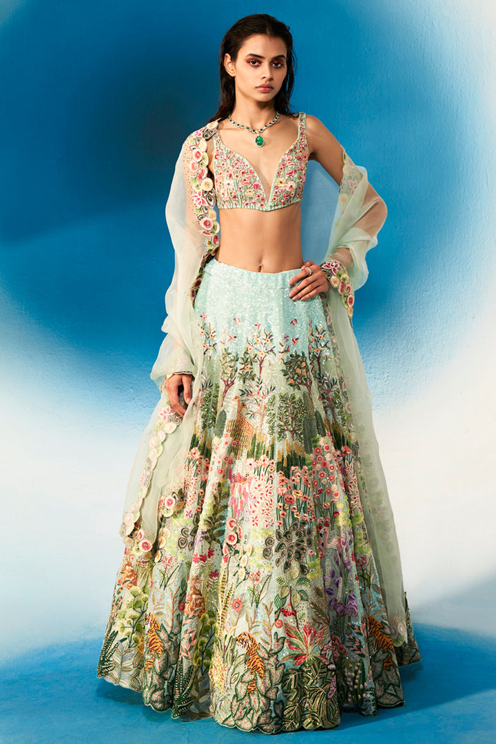 Verdure Hand-Sequinned Lehenga Set with Bralette and Dupatta in Mint