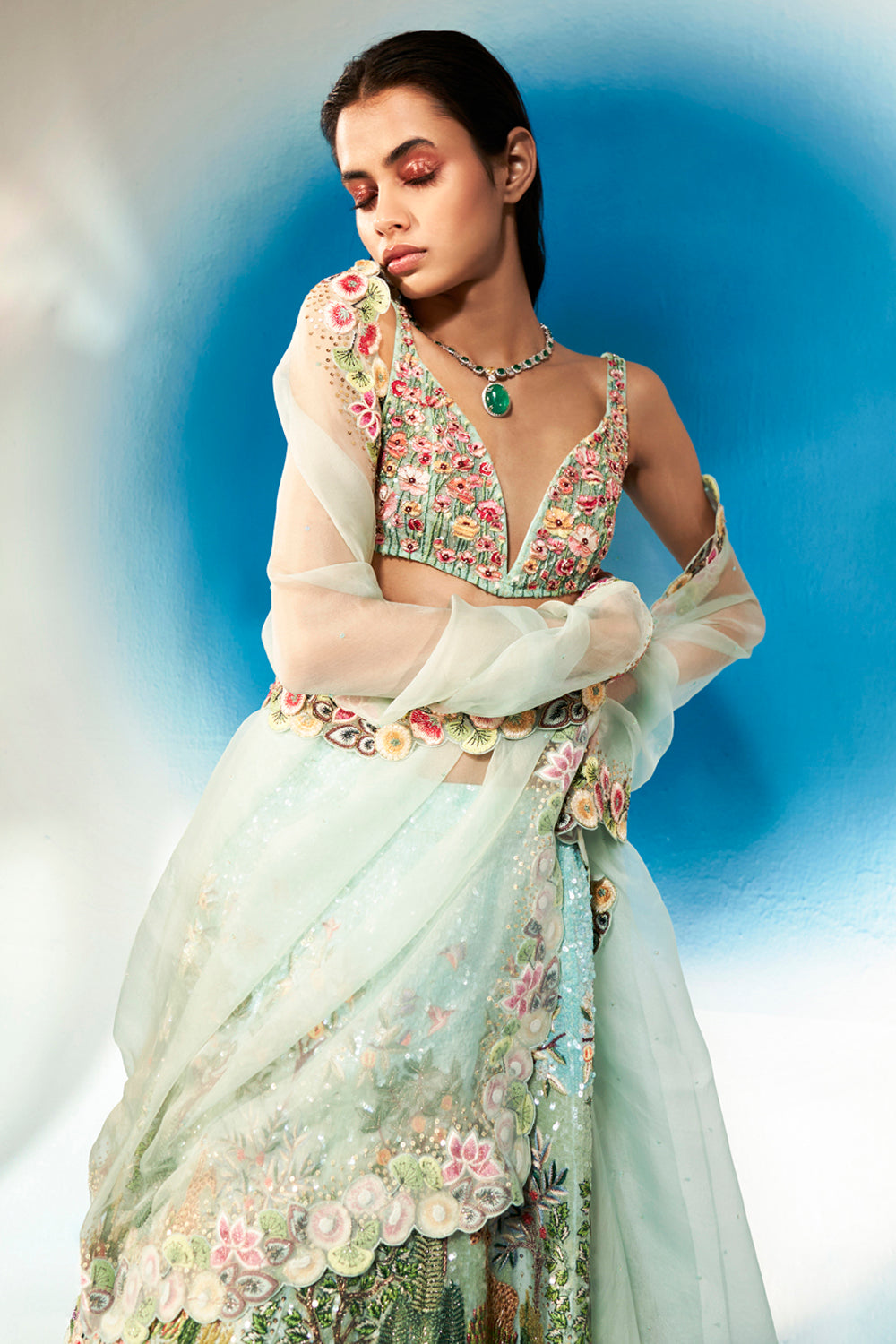 Verdure Hand-Sequinned Lehenga Set with Bralette and Dupatta in Mint