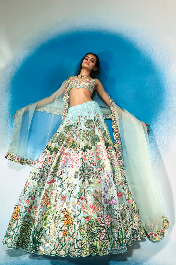 Verdure Hand-Sequinned Lehenga Set with Bralette and Dupatta in Mint