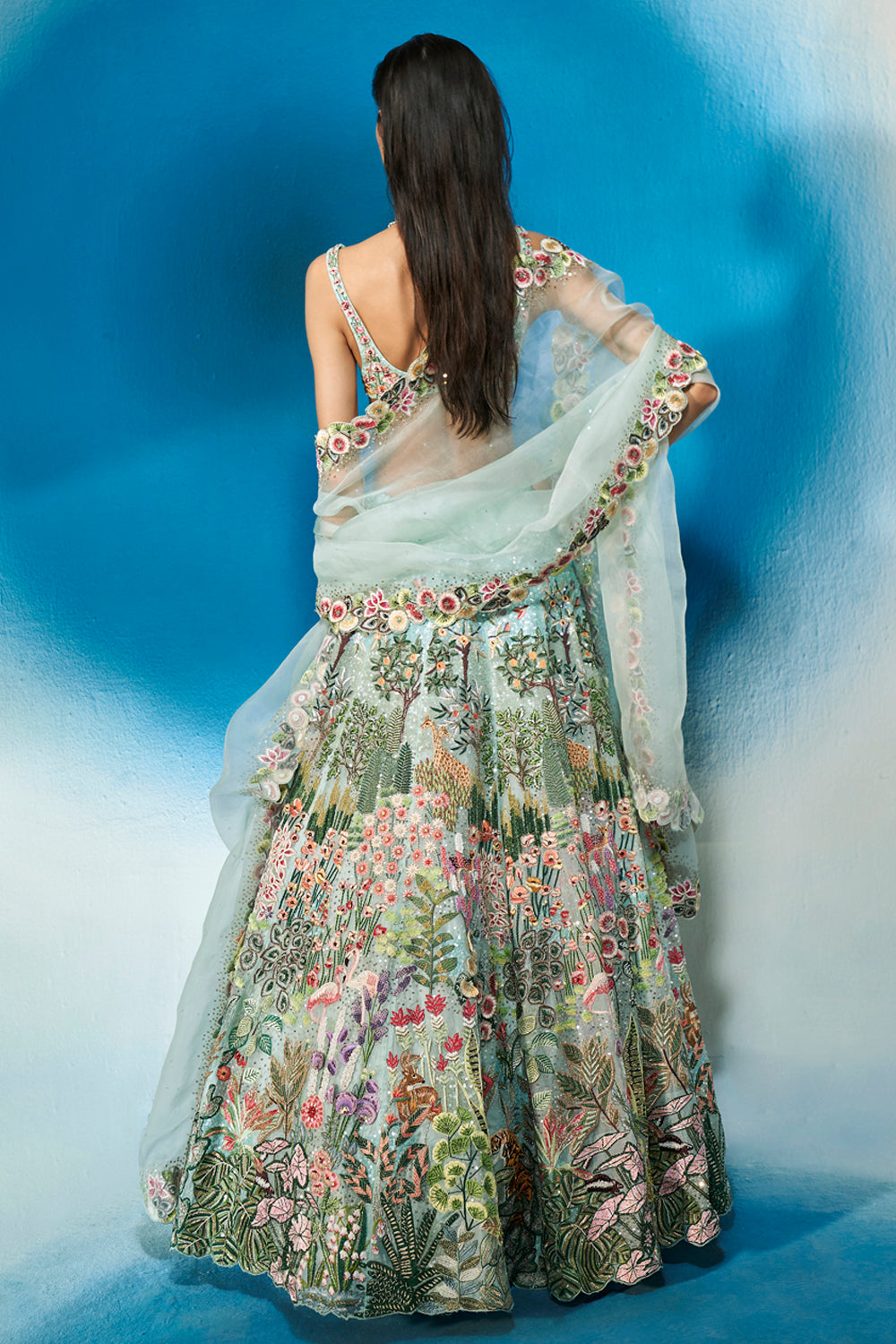 Verdure Hand-Sequinned Lehenga Set with Bralette and Dupatta in Mint