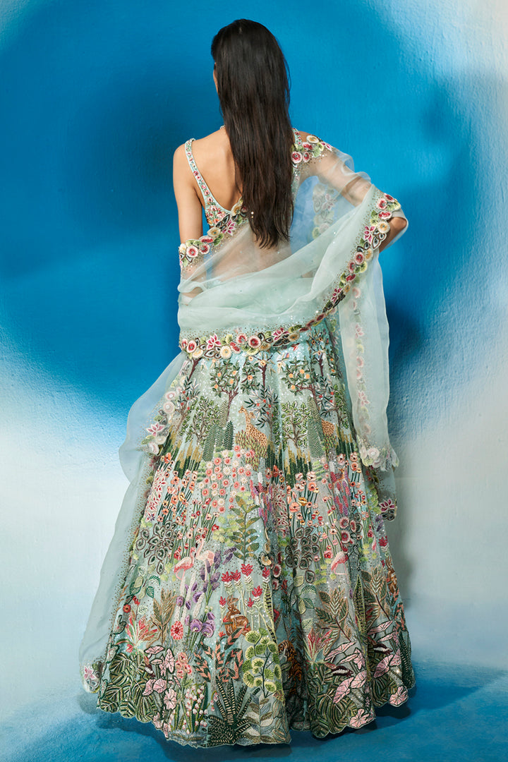 Verdure Hand-Sequinned Lehenga Set with Bralette and Dupatta in Mint