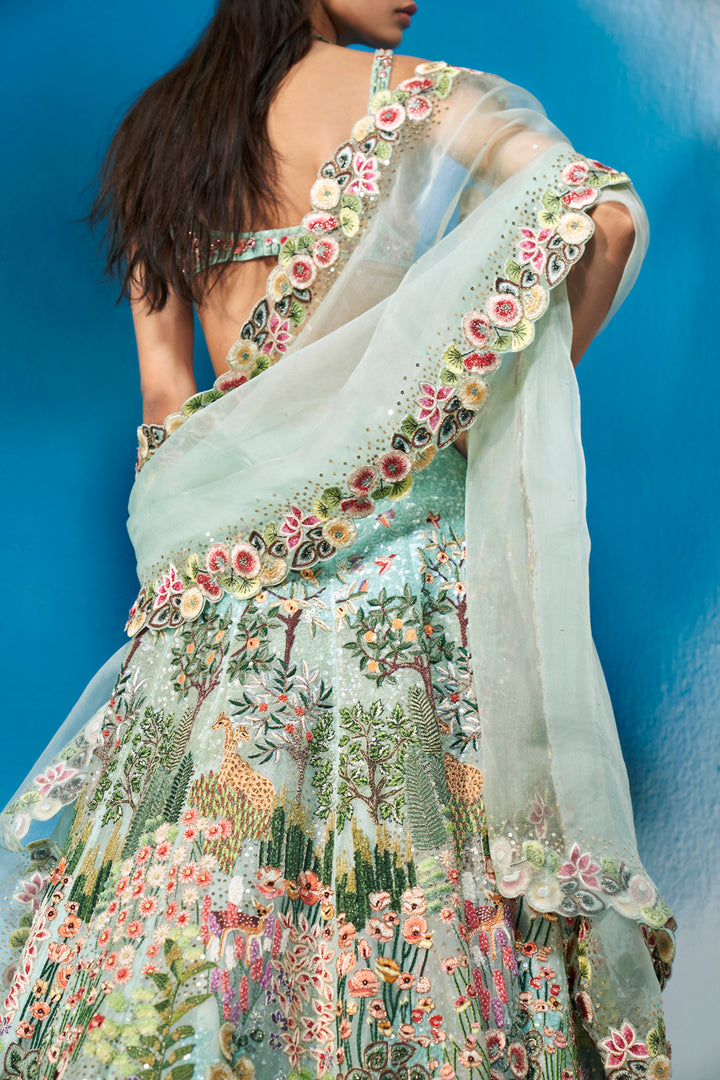 Verdure Hand-Sequinned Lehenga Set with Bralette and Dupatta in Mint