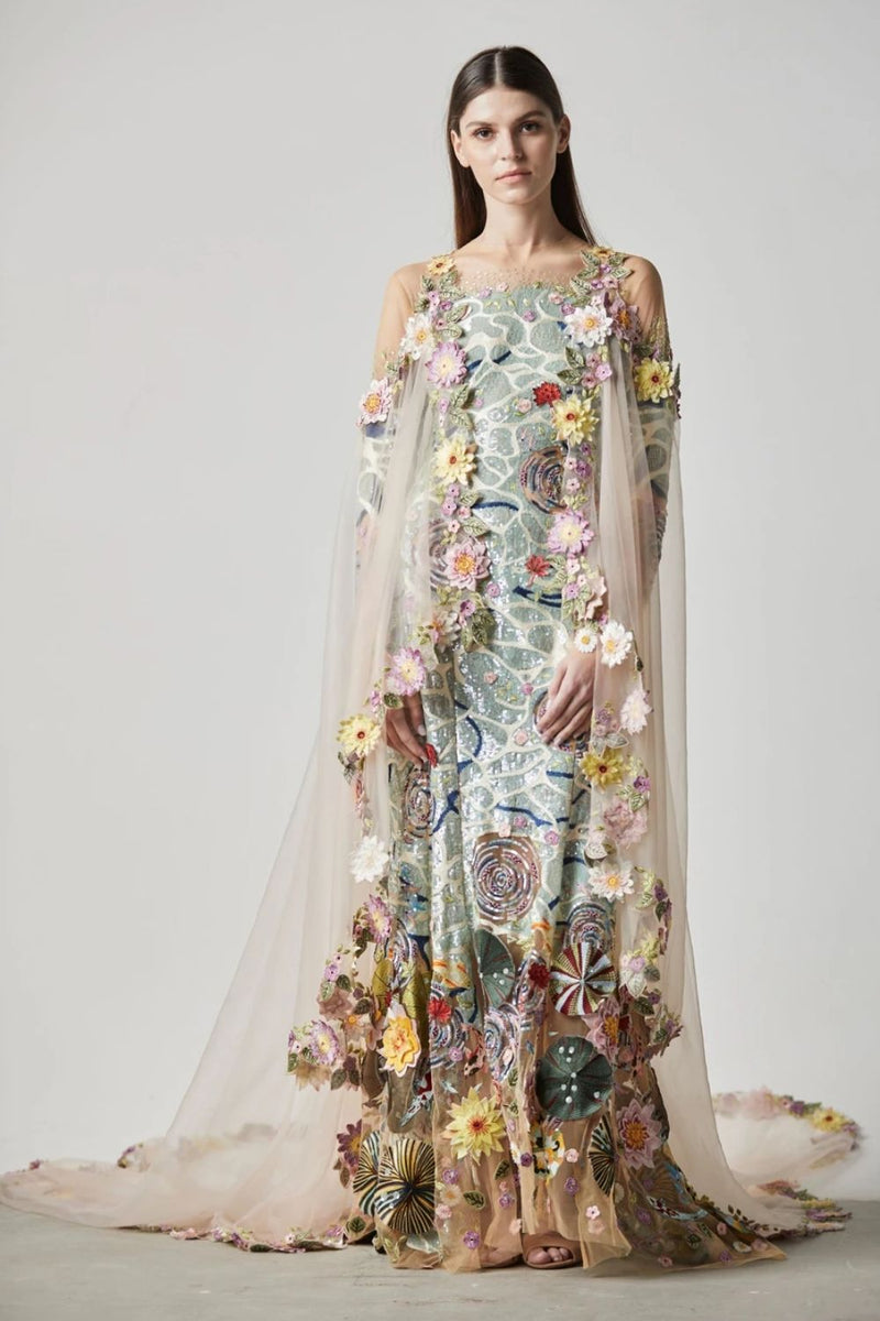 LOTUS POND GOWN With Sheer 3D Embellished Train Cape – Rahul Mishra